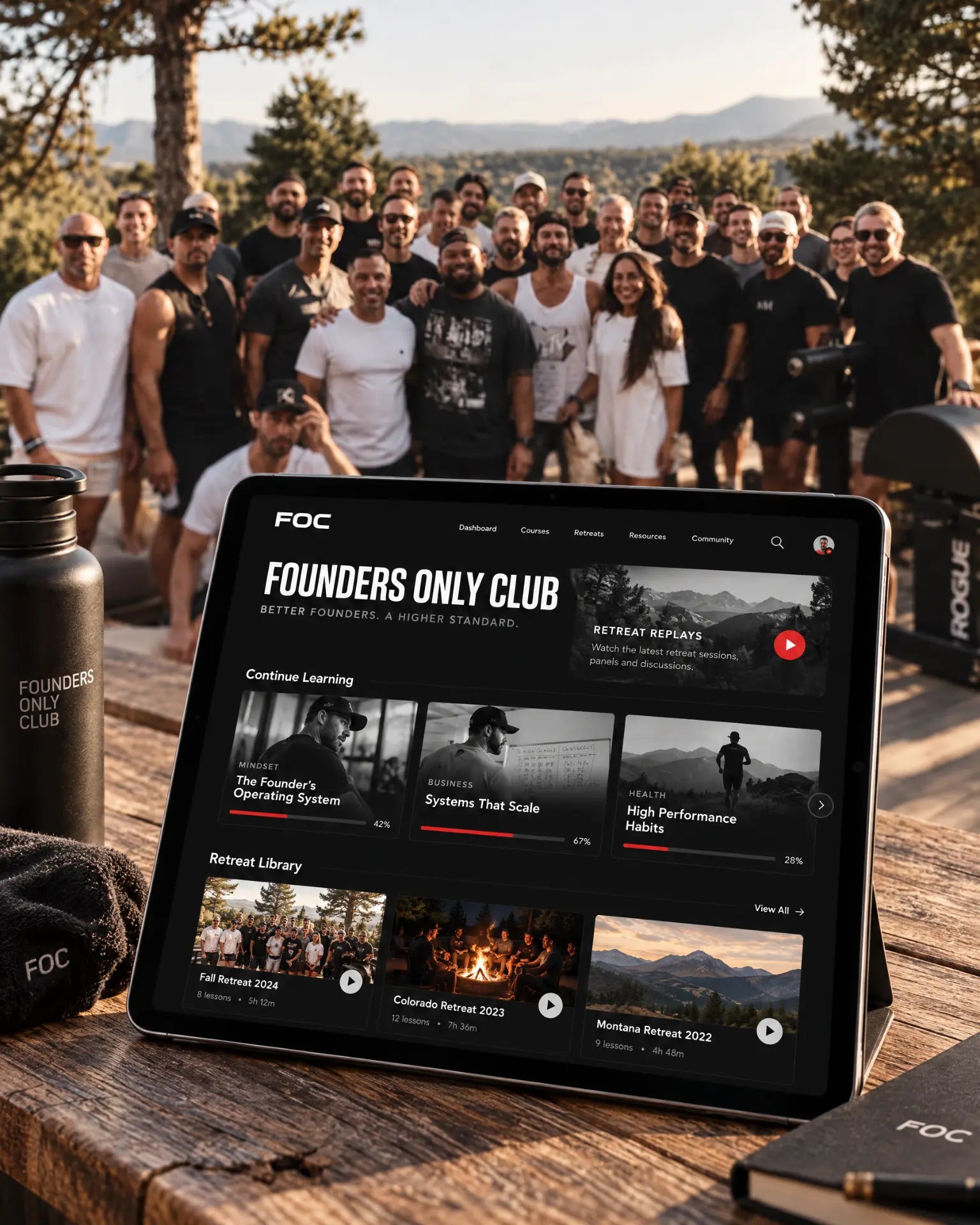 Founders Only Club courses on a tablet at a retreat