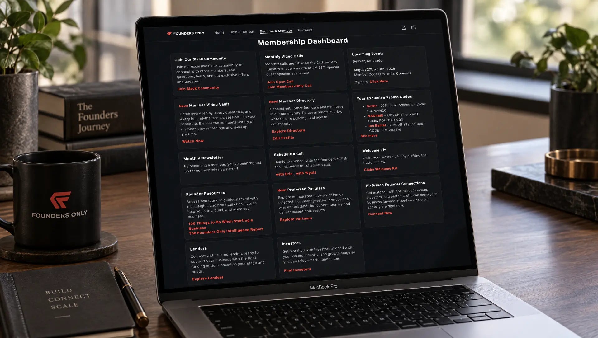 The Founders Only member dashboard on a laptop